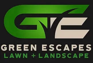 Green Escapes Lawn & Landscape logo featuring stylized letters 'G', 'E', and a tree design, emphasizing lawn care and landscape services.